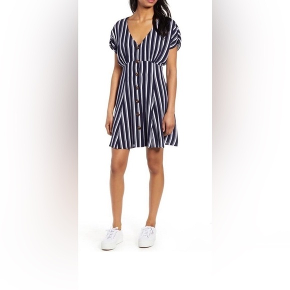 BP Navy White Striped Button Front Gathered Sleeve Mini Dress size Small - Picture 1 of 11